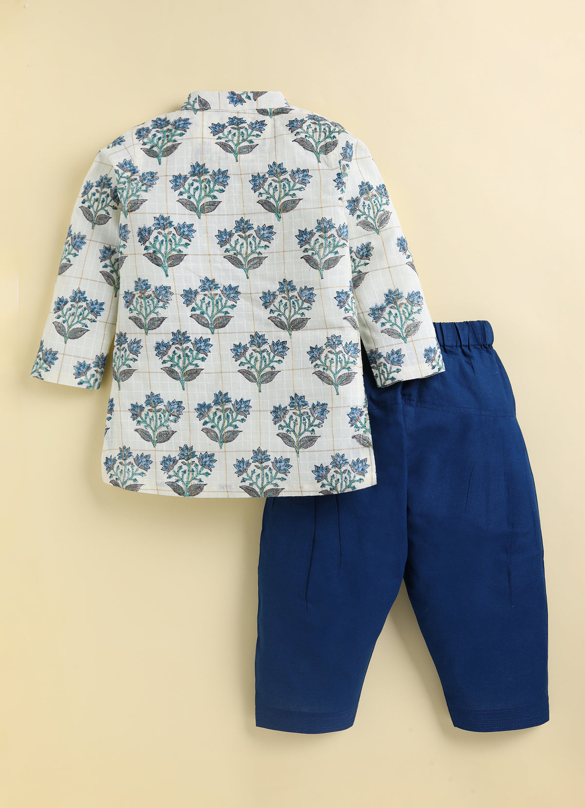 Boys 100% Cotton Jaipuri Floral Printed Full Sleeve Kurta with moti lace and Patiala Ethnic Set  - Blue