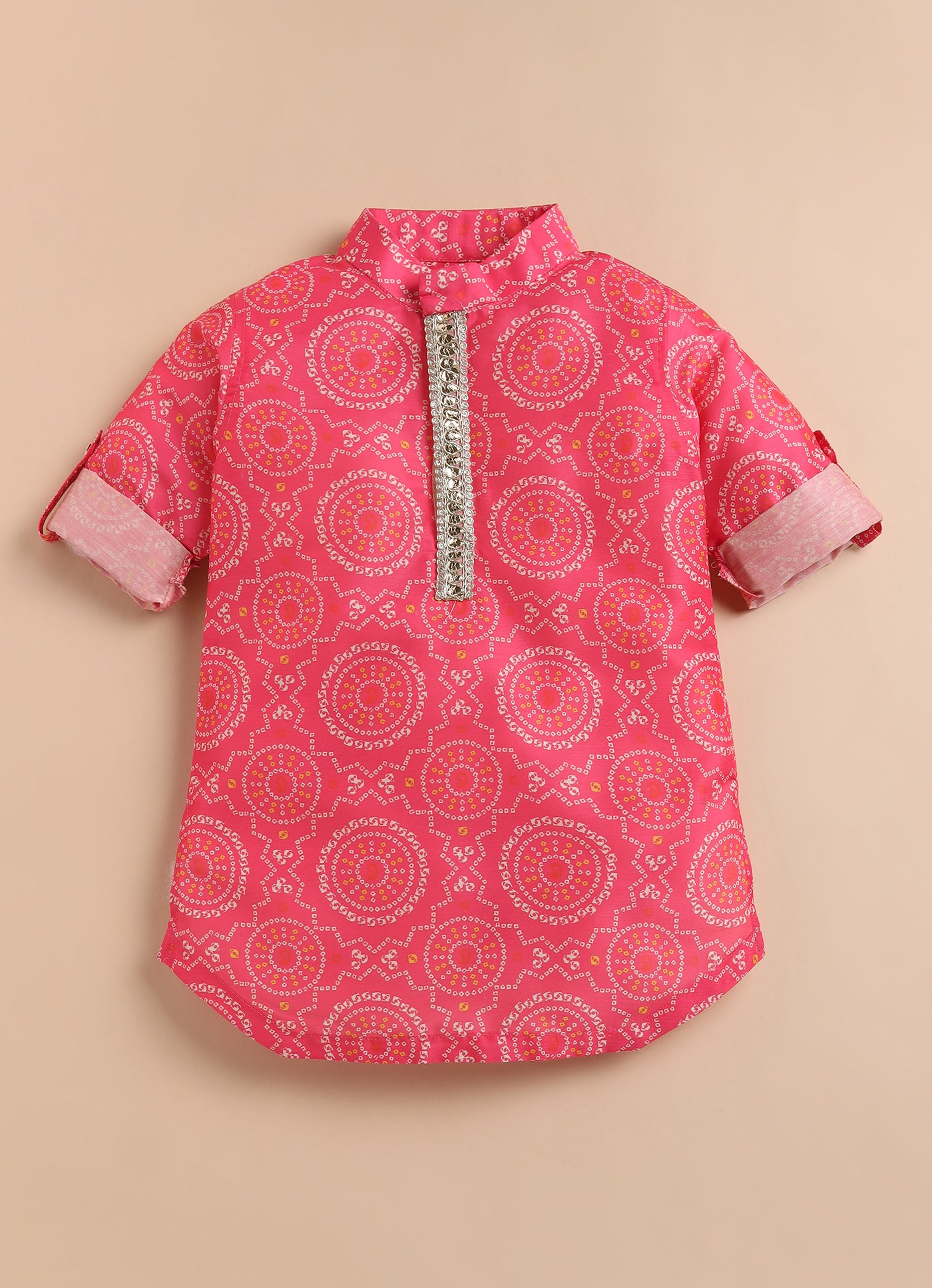 Blended Woven Bandhani Printed  Full Sleeves Kurta Pajama Ethnic Set- Pink
