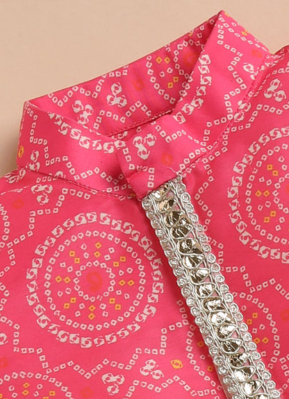 Blended Woven Bandhani Printed  Full Sleeves Kurta Pajama Ethnic Set- Pink