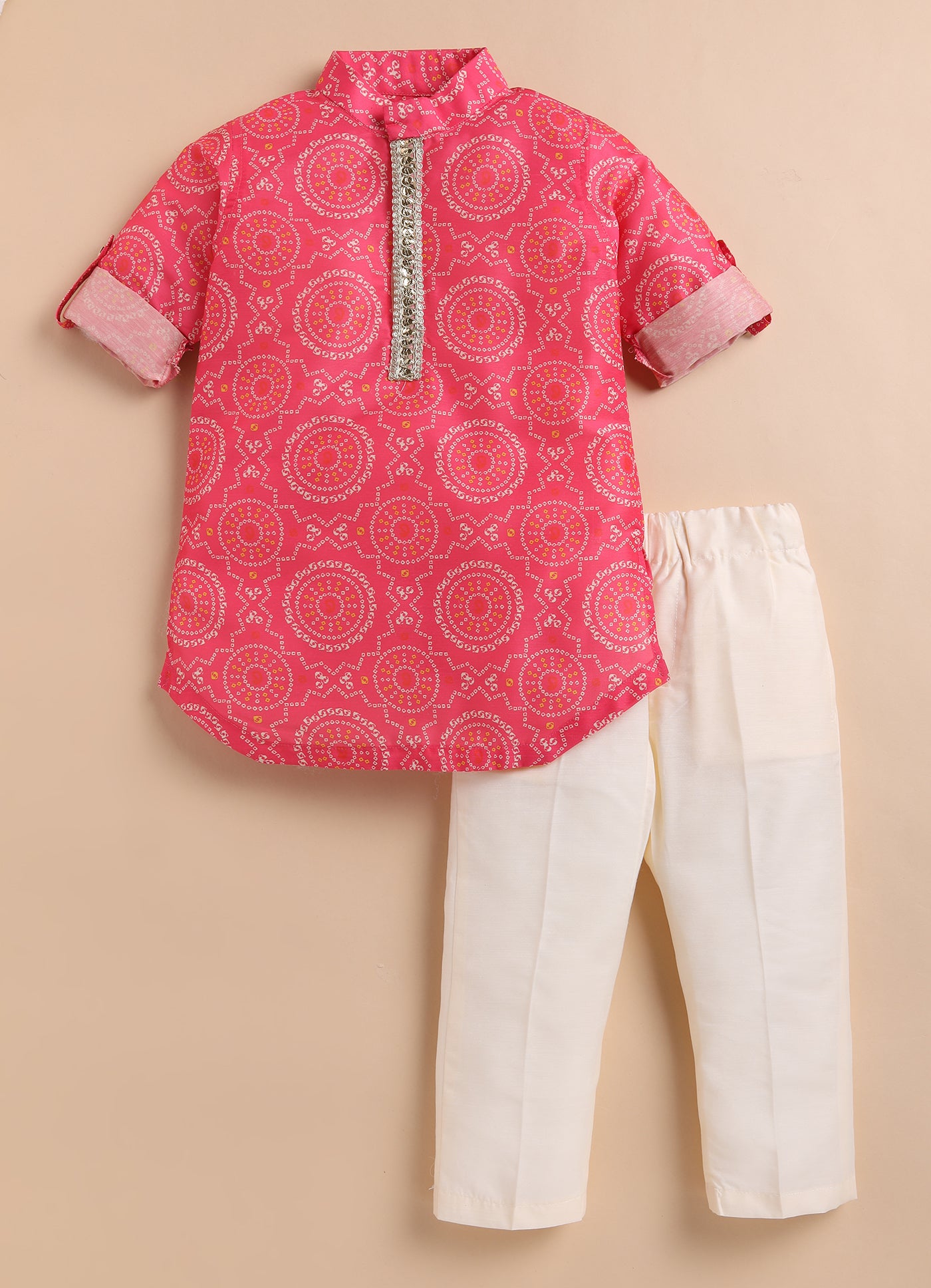 Blended Woven Bandhani Printed  Full Sleeves Kurta Pajama Ethnic Set- Pink