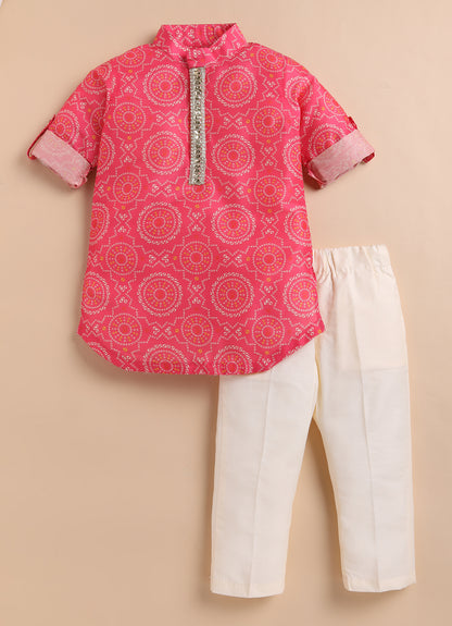 Blended Woven Bandhani Printed  Full Sleeves Kurta Pajama Ethnic Set- Pink