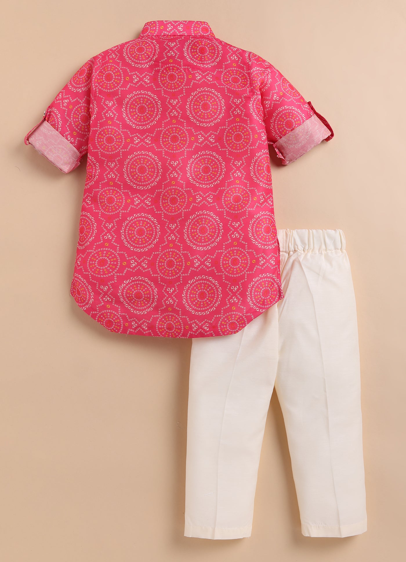Blended Woven Bandhani Printed  Full Sleeves Kurta Pajama Ethnic Set- Pink