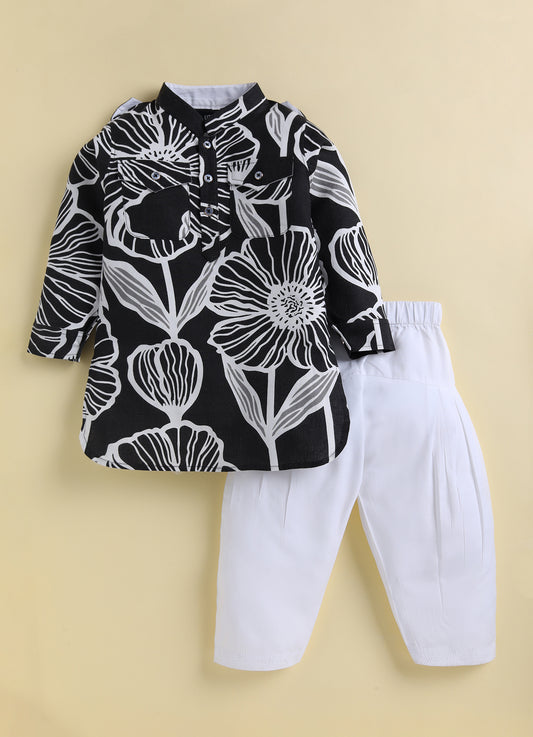 Boys Cotton Flax Floral Printed Full Sleeve Pathani Kurta and Patiala Ethnic Set - Black