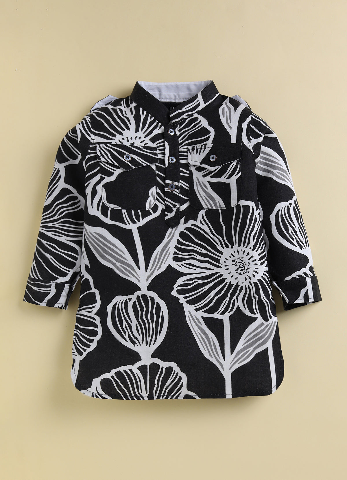 Boys Cotton Flax Floral Printed Full Sleeve Pathani Kurta and Patiala Ethnic Set - Black