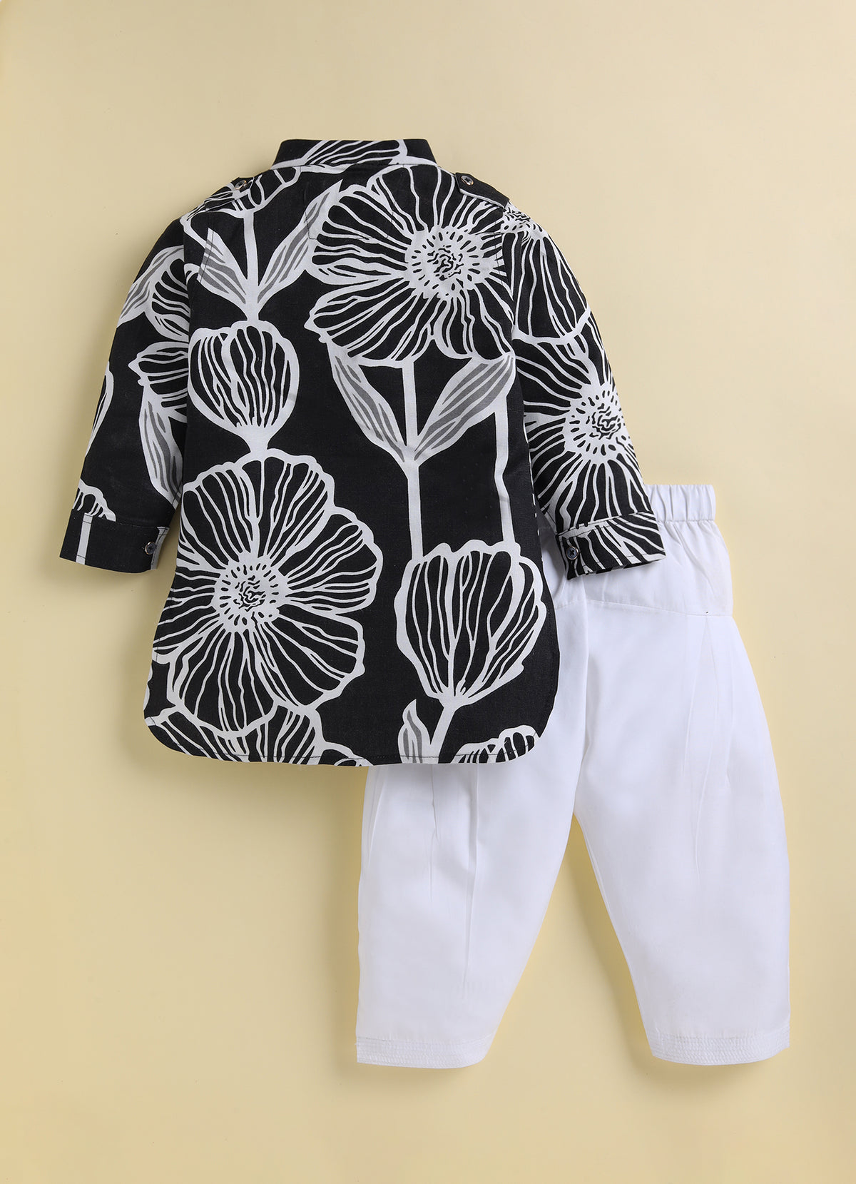 Boys Cotton Flax Floral Printed Full Sleeve Pathani Kurta and Patiala Ethnic Set - Black