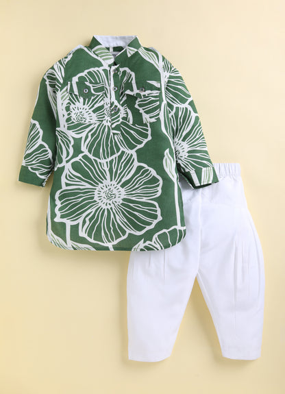 Boys Cotton Flax Floral Printed Full Sleeve Pathani Kurta and Patiala Ethnic Set - Green