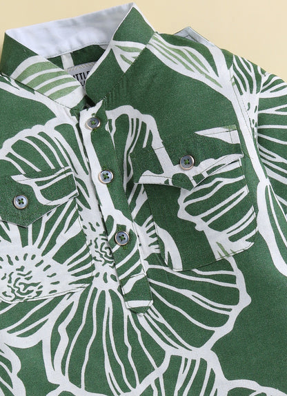 Boys Cotton Flax Floral Printed Full Sleeve Pathani Kurta and Patiala Ethnic Set - Green