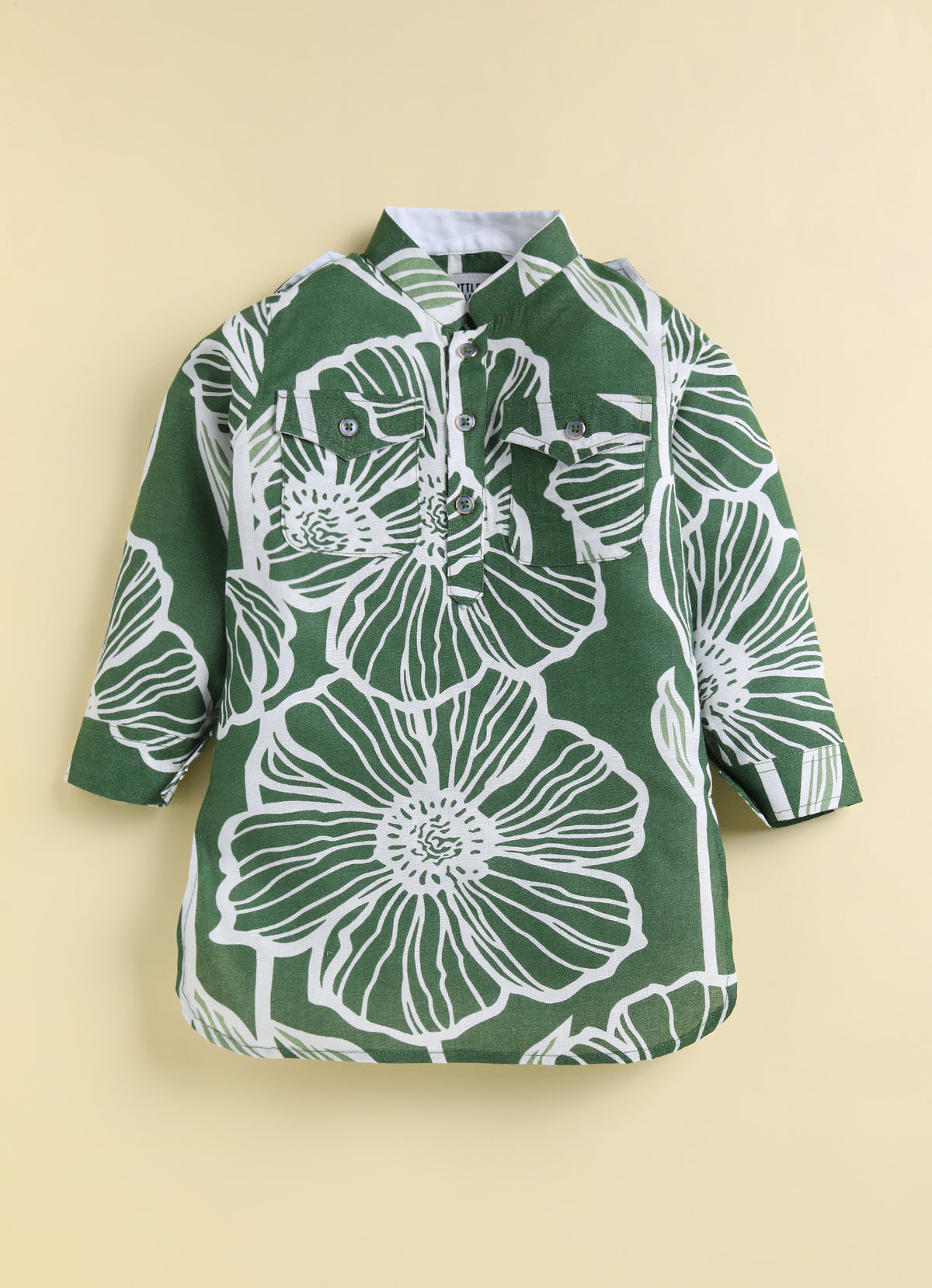 Boys Cotton Flax Floral Printed Full Sleeve Pathani Kurta and Patiala Ethnic Set - Green
