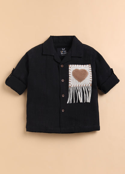Cotton Shirt with Heart Crochet Patch and Pant Set- Black