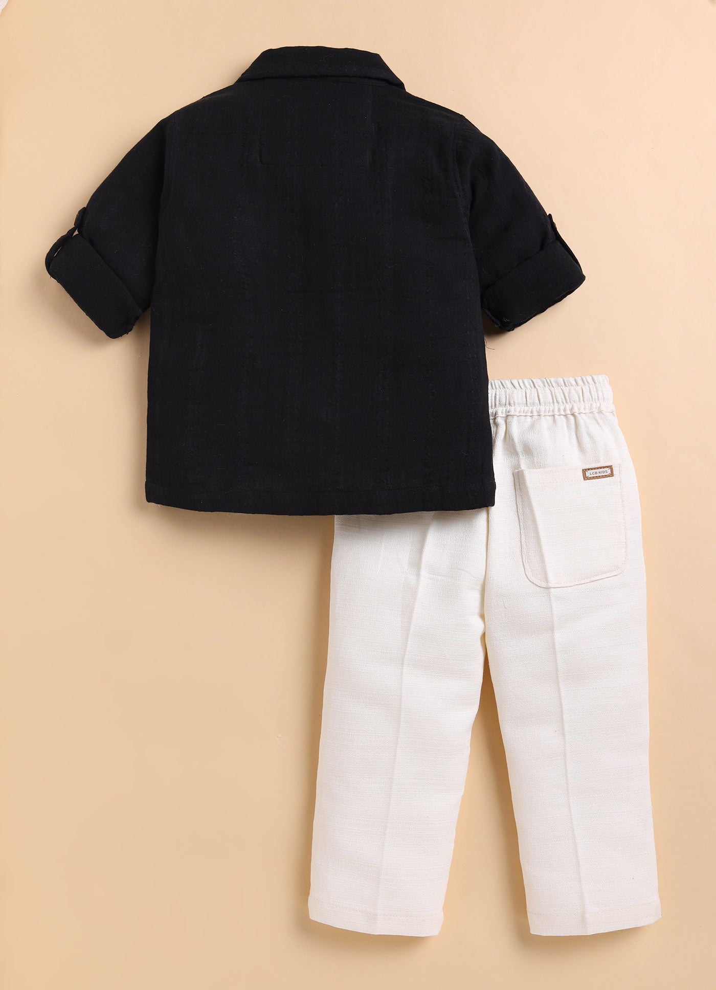 Cotton Shirt with Heart Crochet Patch and Pant Set- Black