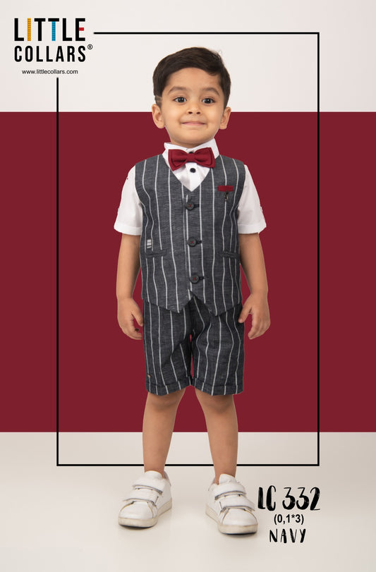 Navy Super Soft 4 Piece Indigo Stripes Waistcoat Half Pant Coord Set with Red Bow