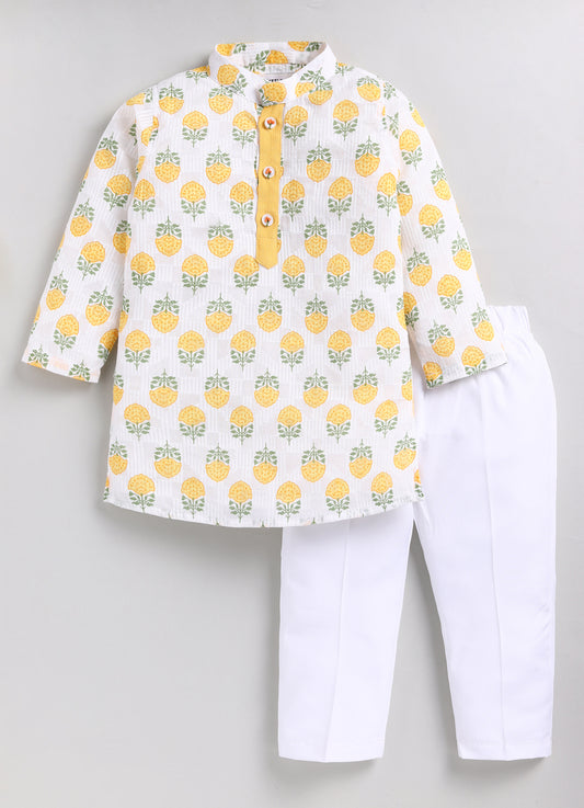 Boys Woven Pure Cotton Floral Printed Kurta Pajama with Handwork on Button Ethnic Wear Festive Set- Yellow