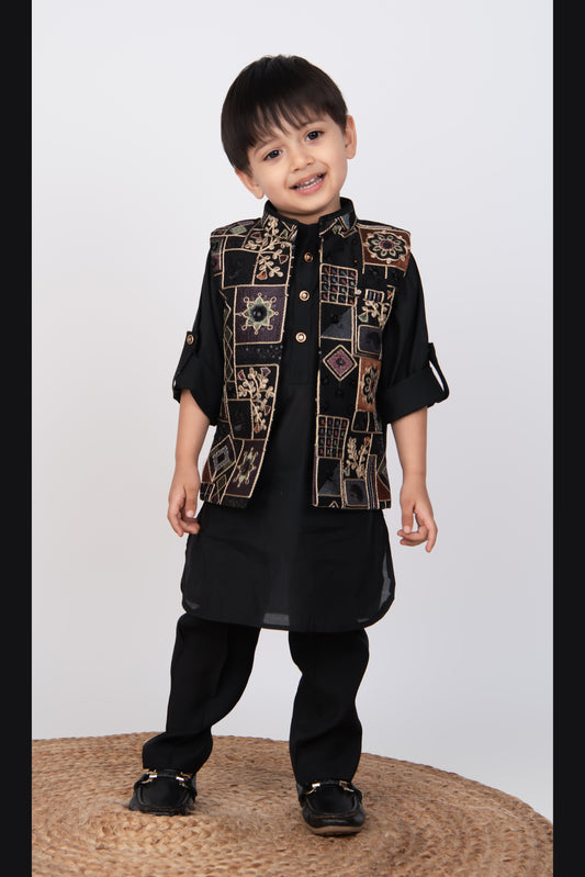 Black Festive Full Sleeves Solid Kurta Pajama with Heavy All over Embroidered Beautiful Jacket Set
