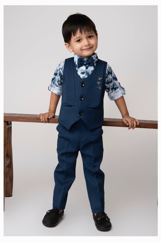 Blue Formal Partywear Waistcoat Printed Full Sleeves Shirt Pant Coord Set with Bow and Brooches