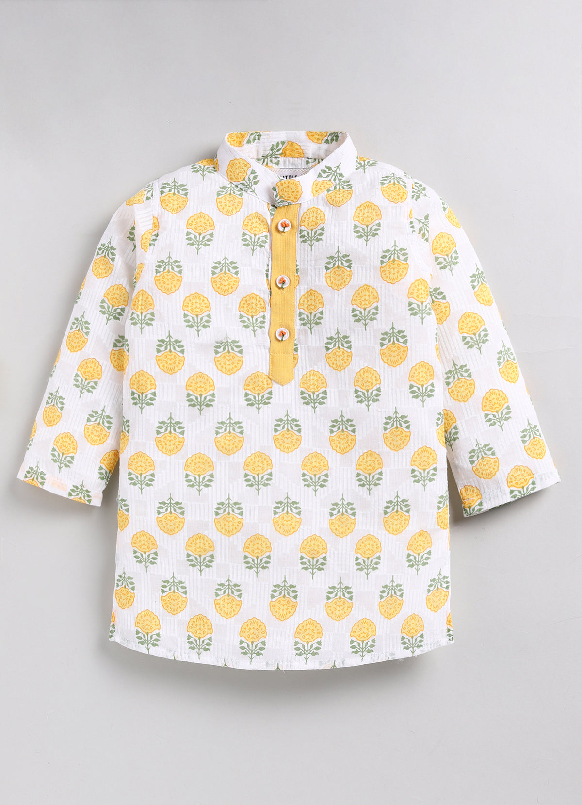 Boys Woven Pure Cotton Floral Printed Kurta Pajama with Handwork on Button Ethnic Wear Festive Set- Yellow
