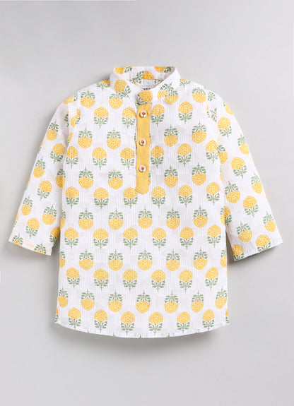 Boys Woven Pure Cotton Floral Printed Kurta Pajama with Handwork on Button Ethnic Wear Festive Set- Yellow