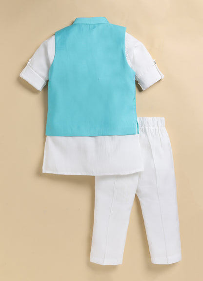 Boys Blended Silk Motif Embellished Wedding Special Super Cute Nehru Jacket, Kurta, Pajama Ethnic Set- Green