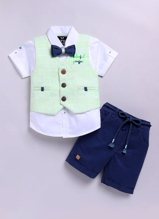 Green Cotton Checkered Waistcoat Shirt Bright Pant set with Bow