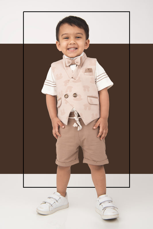 Khaki Super Soft Cotton Blended 4 Piece Jaquard Waistcoat Half Pant Set