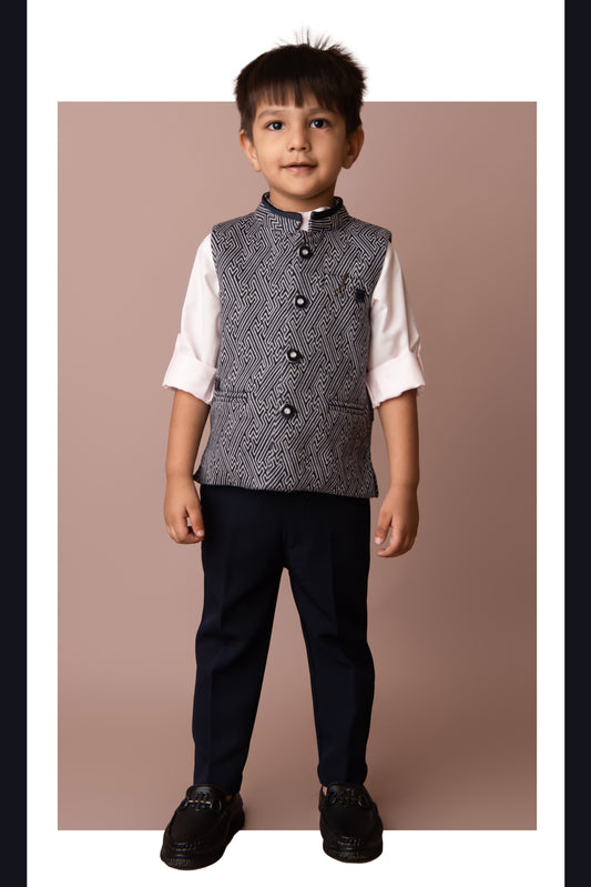 Navy Blue Elegant Jaquard Nehru Jacket, Shirt-Pant Formal Set