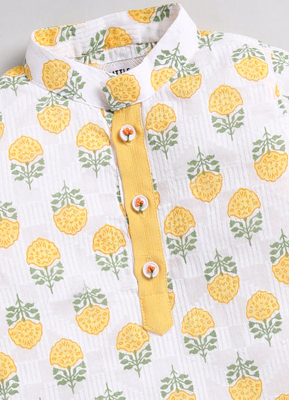 Boys Woven Pure Cotton Floral Printed Kurta Pajama with Handwork on Button Ethnic Wear Festive Set- Yellow