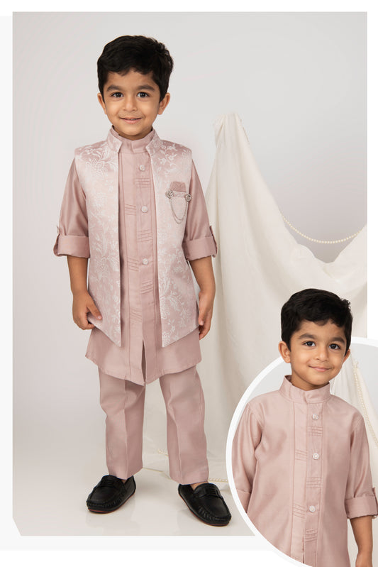 Pink Boys Festive Jaquard Soft Ethnic Jacket Full Sleeves Kurta Pajama Set