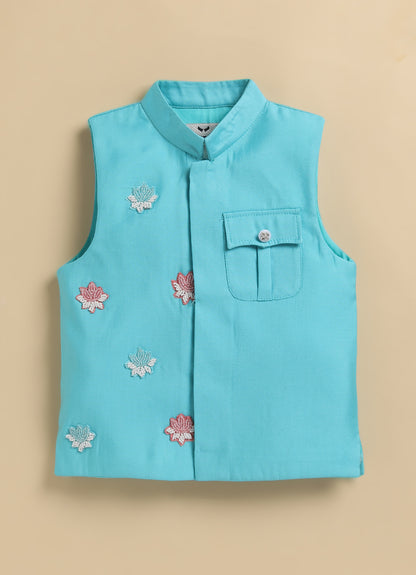 Boys Blended Silk Motif Embellished Wedding Special Super Cute Nehru Jacket, Kurta, Pajama Ethnic Set- Green