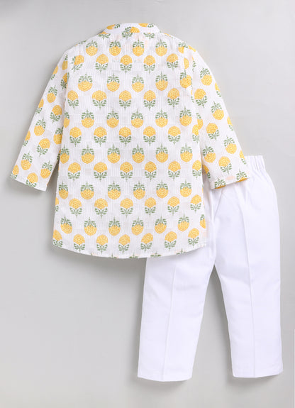 Boys Woven Pure Cotton Floral Printed Kurta Pajama with Handwork on Button Ethnic Wear Festive Set- Yellow