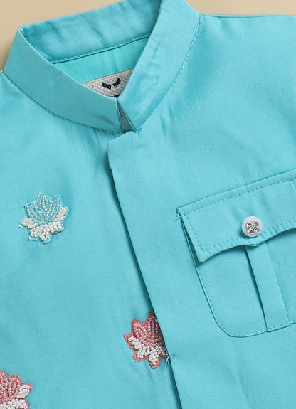 Boys Blended Silk Motif Embellished Wedding Special Super Cute Nehru Jacket, Kurta, Pajama Ethnic Set- Green