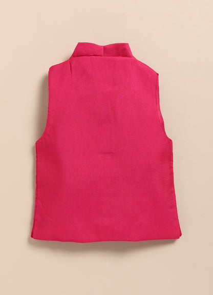 Little Collars Boys Festive Hot Pink Floral Motif Ethnic Nehru Jacket Kurta Pajama Set - Pink