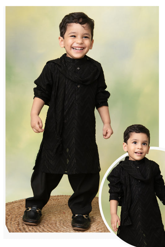 Black Festive Pathani Kurta with Patiala Pants and Dupatta