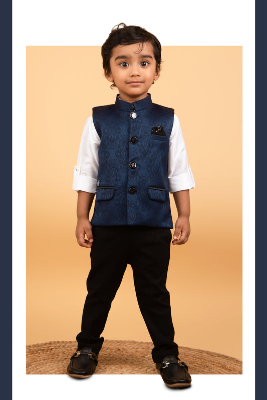 Navy Formal Partywear Jacquard Nehru Jacket Full Sleeves Shirt Pant Set