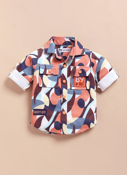 Boys Abstract Printed Bright Airport Look Coord with Tshirt Casual Set- Peach