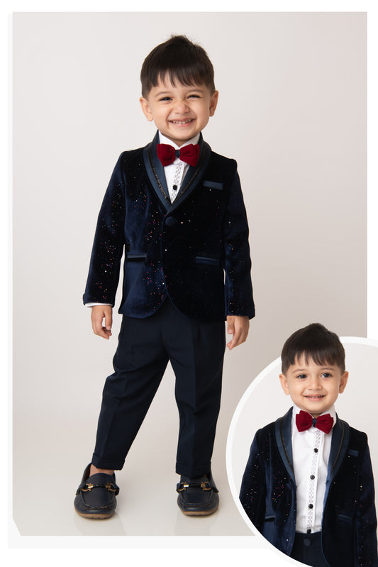 Blue Shiny Velvet Coat Tuxedo Pant Shirt Set with Red Bow