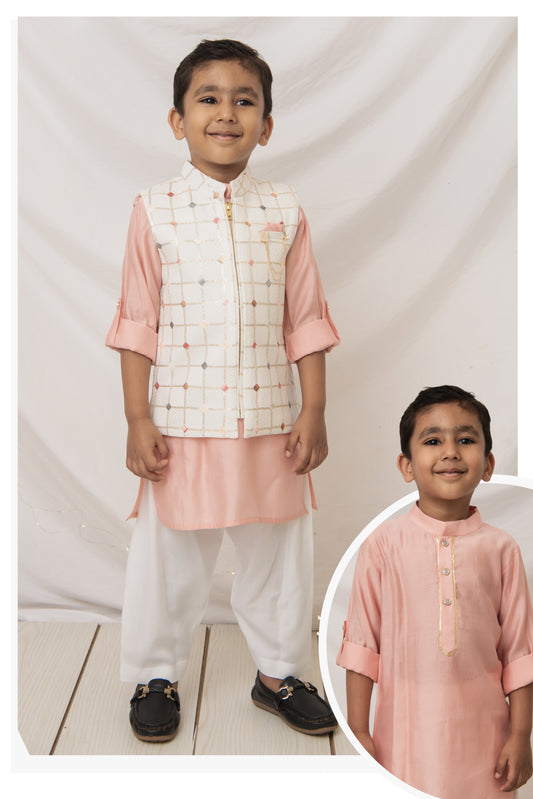 Off White Silk Blend  Trendy Soft Festive Bright Off White Embroidered and Embellished Ethnic Nehru Jacket Full Sleeves Peach Kurta and Patiala Set