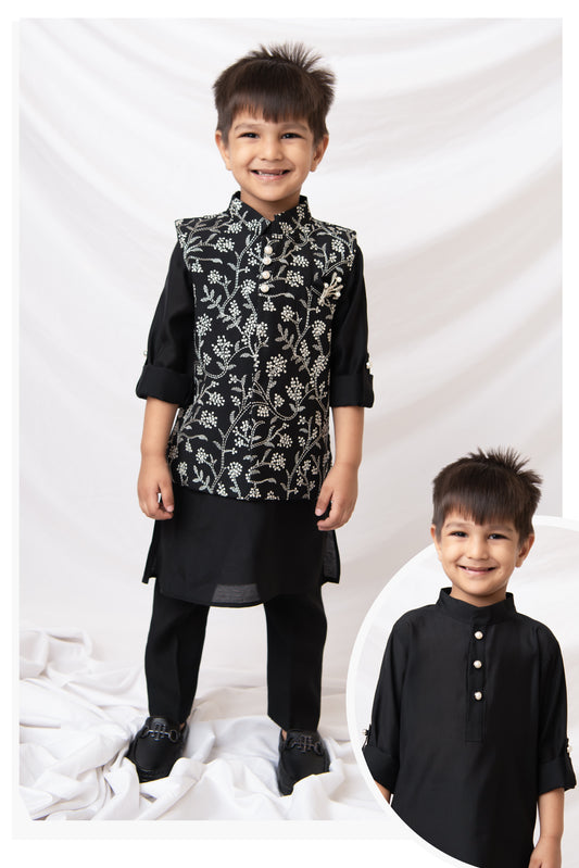 Black Festive Floral All Over Embroidered Nehru Jacket Kurta Pajama Set