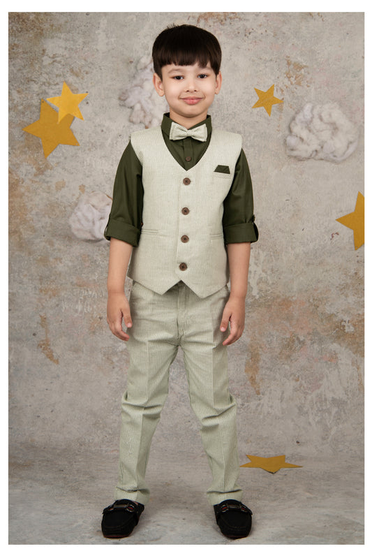 Green Cotton Elegant Formal Full Sleeves 4 piece Waistcoat Coord Set