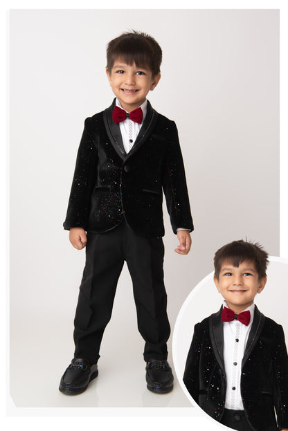 Black Shiny Velvet Coat Tuxedo Pant Shirt Set with Red Bow