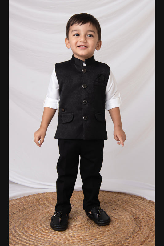 Black Formal Partywear Jacquard Nehru Jacket Full Sleeves Shirt Pant Set
