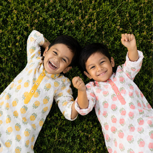 Boys Woven Pure Cotton Floral Printed Kurta Pajama with Handwork on Button Ethnic Wear Festive Set- Peach