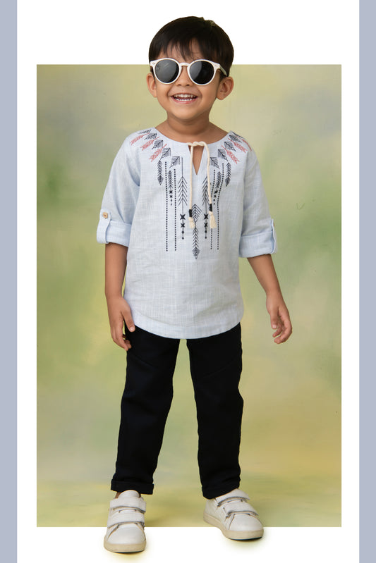 Sky Smart Cotton Neckine Embroidered Kurta Shirt Pant Set