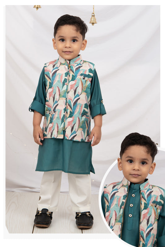 Blue Silk Blend Soft Festive Abstract Printed Bright Ethnic Nehru Jacket Full Sleeves Kurta Pajama Set