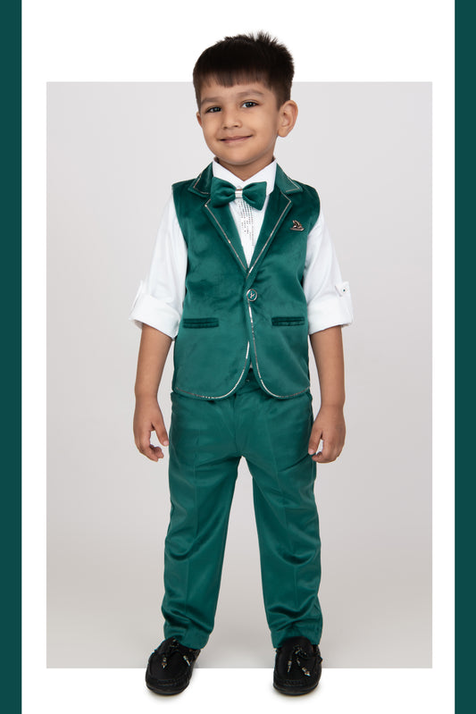 Green Boys Full Sleeves Elegant Velvet Suede Patterned Partywear Jacket Coord Set with Bow