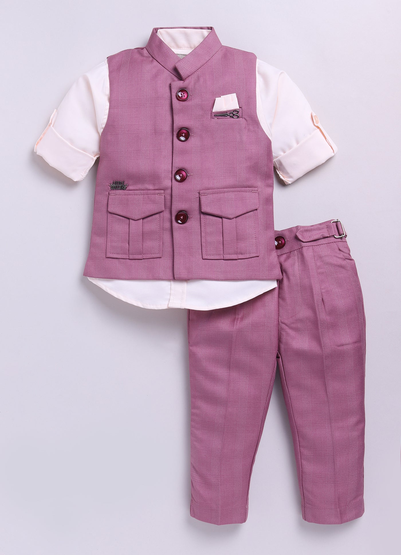 Lavender Woven Self Checkered Nehru Jacket Pants Cotton Full Sleeves Shirt Coord Set