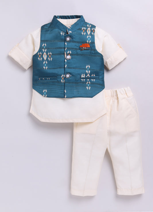Teal Blue Boys Ikat Printed Bright Ethnic Jacket Full Sleeves Kurta Pajama Set