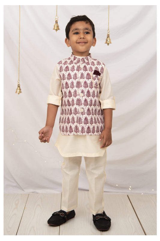 Wine Art Silk Blend Soft Festive Motif Printed and Embroidered Ethnic Nehru Jacket Full Sleeves Kurta Pajama Set with Brooch