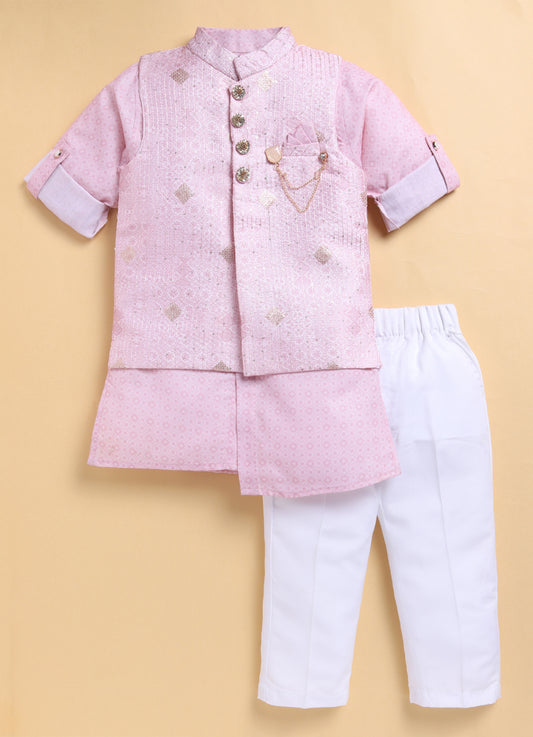 Pink Boys Festive Embroidered and Sequined Pastel Ethnic Nehru Jacket Full Sleeves Kurta Pajama Set