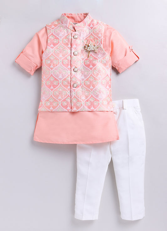 Peach Ethnic Wedding Wear Nehru Jacket Kurta Pajama set