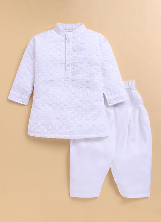 White Festive All Over Embroidered Chikankari Pathani Kurta with Patiala Pants