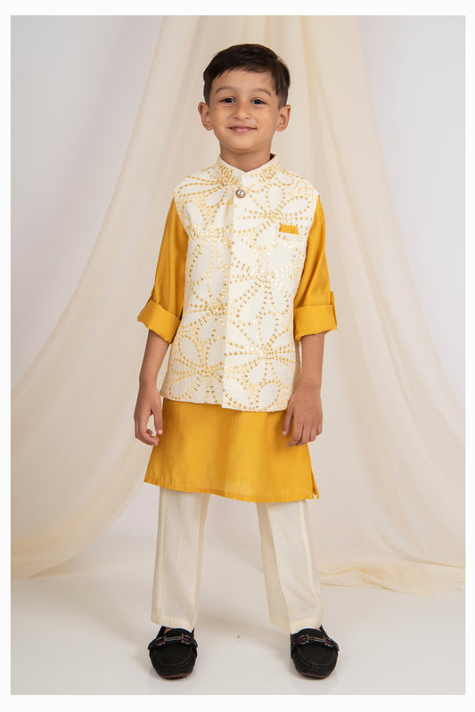 Rakhi Special Boys Mustard Silk Blend Soft Festive Sequins and Thread  Embroidered Nehru Jacket Bright Full Sleeves Kurta Pajama Ethnic Set